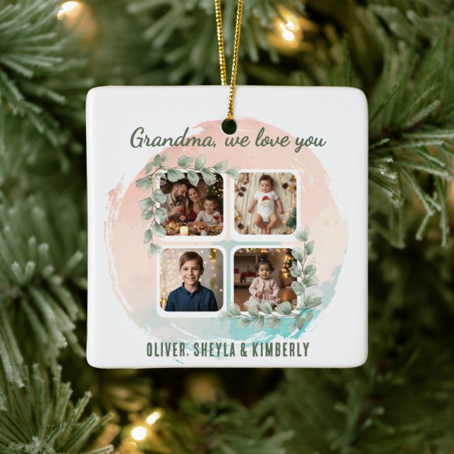 Grandma we love you 6 Photo Collage Eucalyptus Ceramic Ornament (Tree)