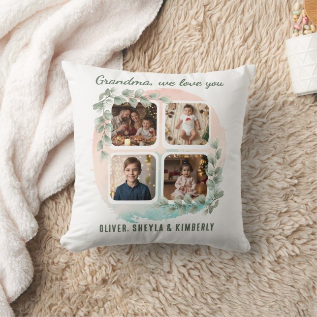 Grandma we love you 6 Photo Collage Eucalyptus Cushion (Blanket)