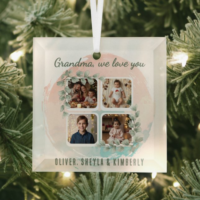 Grandma we love you 6 Photo Collage Eucalyptus Glass Tree Decoration (Insitu)