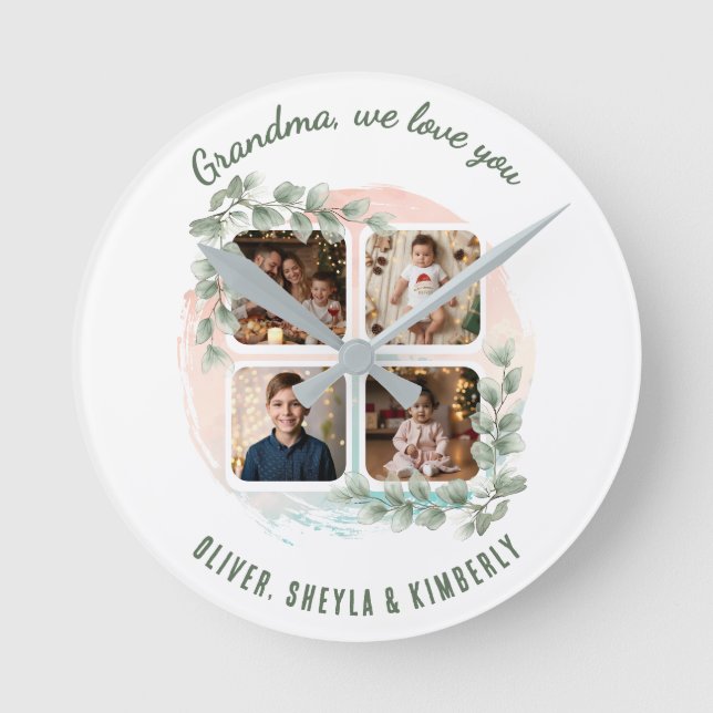 Grandma we love you 6 Photo Collage Eucalyptus Round Clock (Front)