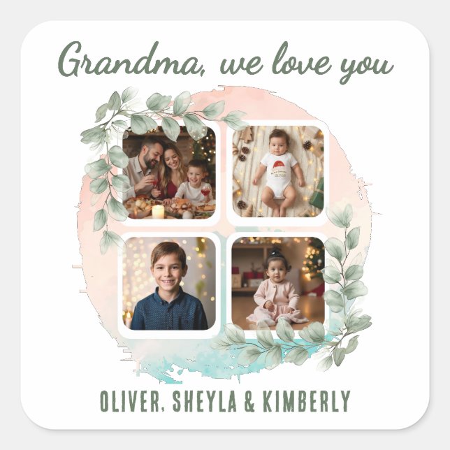 Grandma we love you 6 Photo Collage Eucalyptus Square Sticker (Front)