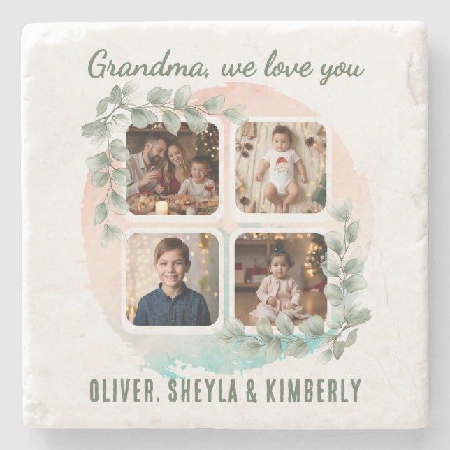 Grandma we love you 6 Photo Collage Eucalyptus Stone Coaster (Front)