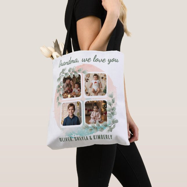 Grandma we love you 6 Photo Collage Eucalyptus Tote Bag (Close Up)
