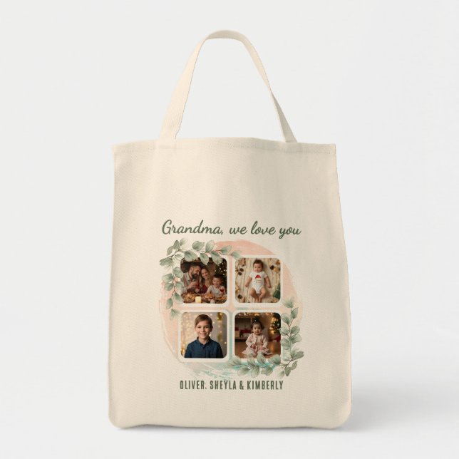 Grandma we love you 6 Photo Collage Eucalyptus Tote Bag (Front)