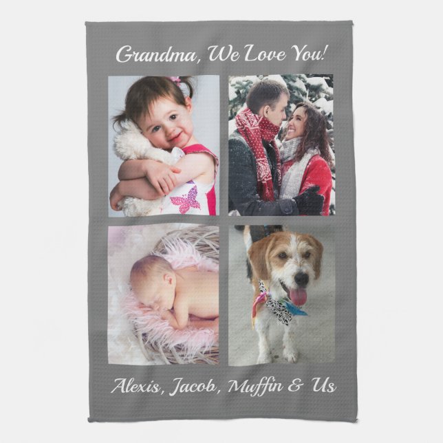 "Grandma, We Love You!", DIY 4 Photos, Grey White Tea Towel (Vertical)