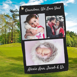 Grandma We Love you! DIY Messages & Photos, Black Golf Towel