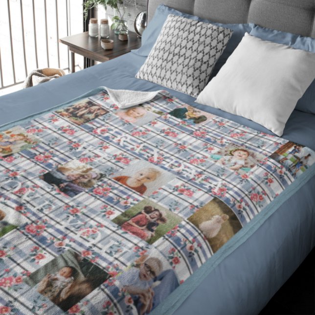 Grandma We Love You | Floral Quilt 14 Photo Fleece Blanket (Creator Uploaded)