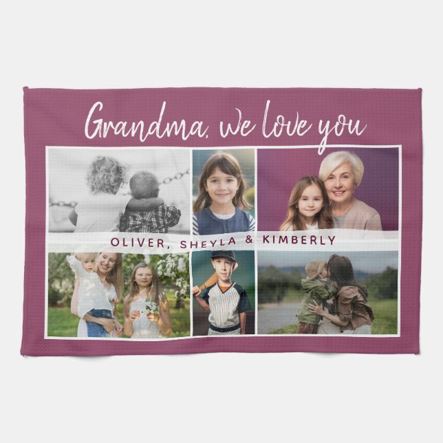Grandma we love you Grandchildren 6 Photo Collage Tea Towel (Horizontal)