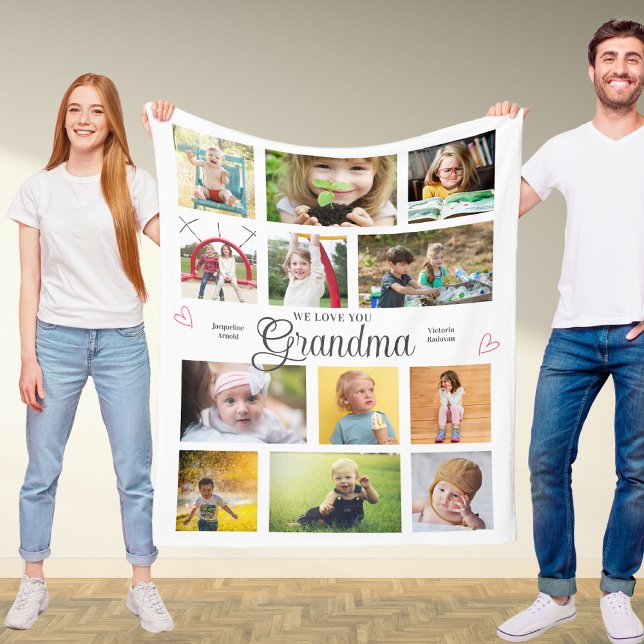 Grandma We Love You Personalised Hearts Modern Fleece Blanket (Custom Grandma fleece blanket your favorite photos and text.)