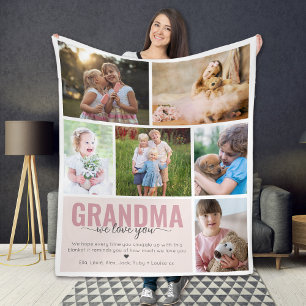 Grandma We Love You Photo Collage Pink Fleece Blanket