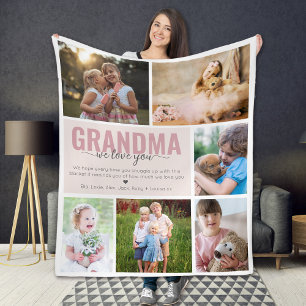 Grandma We Love You Photo Collage Pink Fleece Blanket
