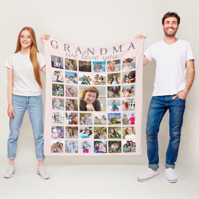 GRANDMA WE LOVE YOU Script Photo Collage Pink Fleece Blanket (In Situ)