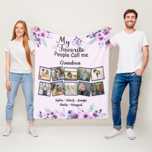 Grandma With Grandkids Name & Photo, purple flower Fleece Blanket