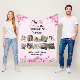 Grandma With Grandkids Name & Photos   Pink Flower Fleece Blanket