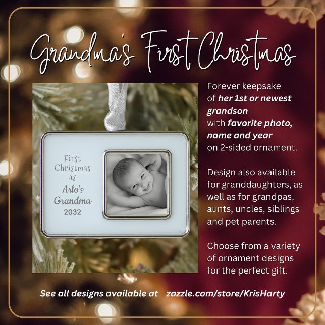 Grandma's 1st Christmas Personalised Photo Name Silver Plated Framed Ornament (First Christmas as Grandma to grandson. Gift her this keepsake she'll treasure forever.)