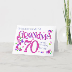 Grandma's 70th Birthday Word Art with Flowers Card