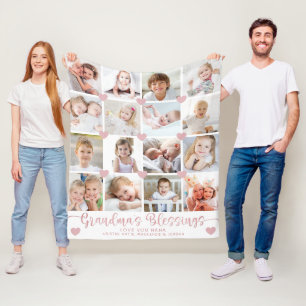 Grandmas Blessings 16 Photo Pink Hearts White Fleece Blanket