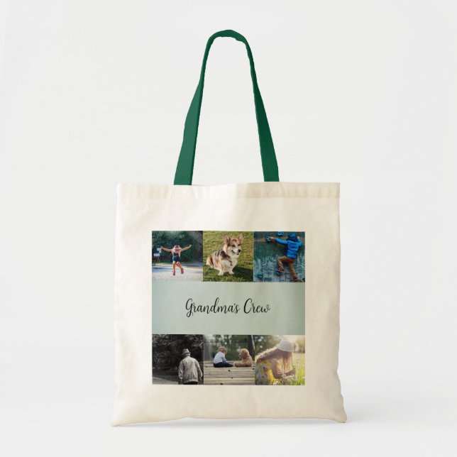 Grandma's Crew Custom 6 Photo Grid Sage Green Tote Bag (Front)
