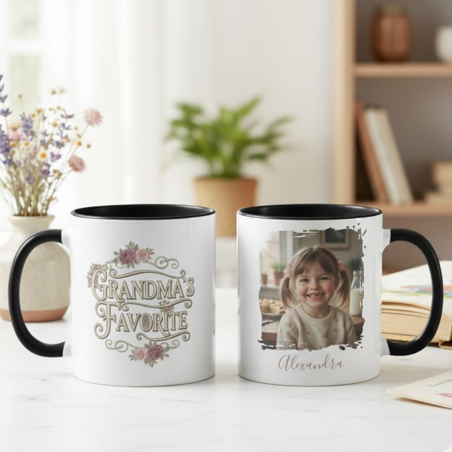 Grandma's Favorite Floral Typography Photo Mug (Personalized Grandma photo mug)