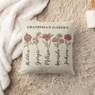 Grandma's Flower Garden 5 Grandkids Name Floral Cushion