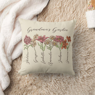 Grandma's Flower Garden 6 Grandkids Name Floral Cushion