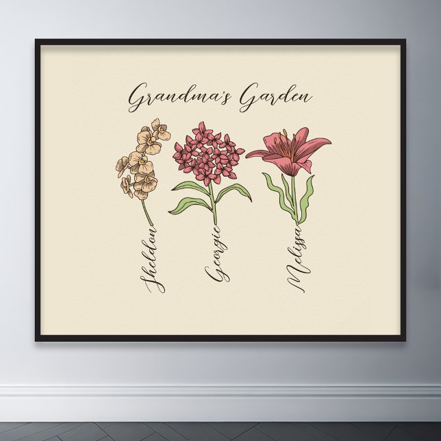 Grandma's Garden Flower 3 Grandkids Name Floral Poster (grandma flower garden grandchildren name floral wall art)