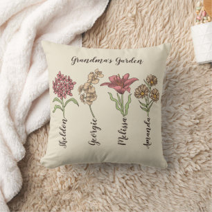 Grandma's Garden Flower 4 Grandkids Name Floral Cushion
