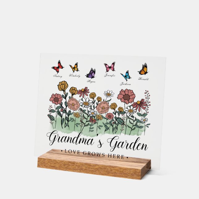 Grandma's Garden Modern Keepsake 6 Custom Names  Acrylic Sign (Angle)
