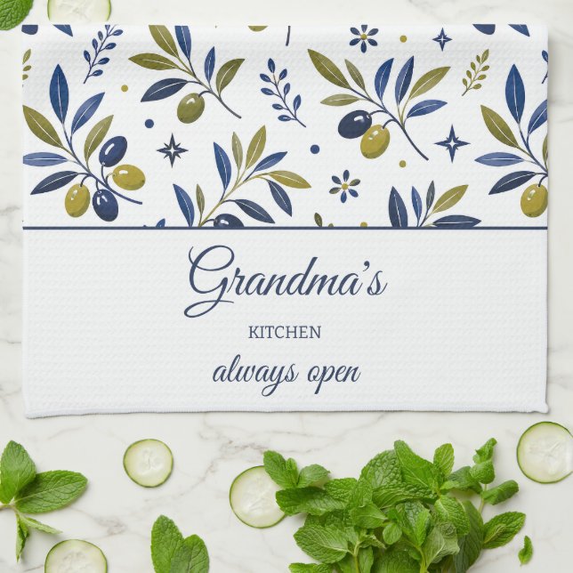 Grandma's Kitchen Always Open Olive Branch Pattern Tea Towel (Folded)