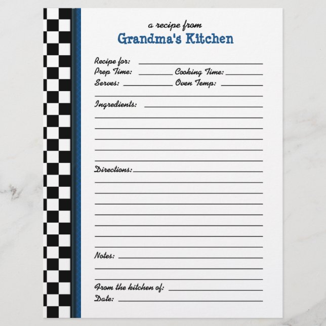Grandmas Kitchen Chequered Blue Accent Recipe (Front)