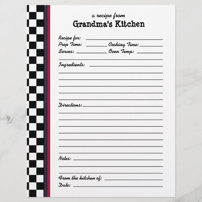 Grandmas Kitchen Chequered Red Accent Recipe Page (Front)