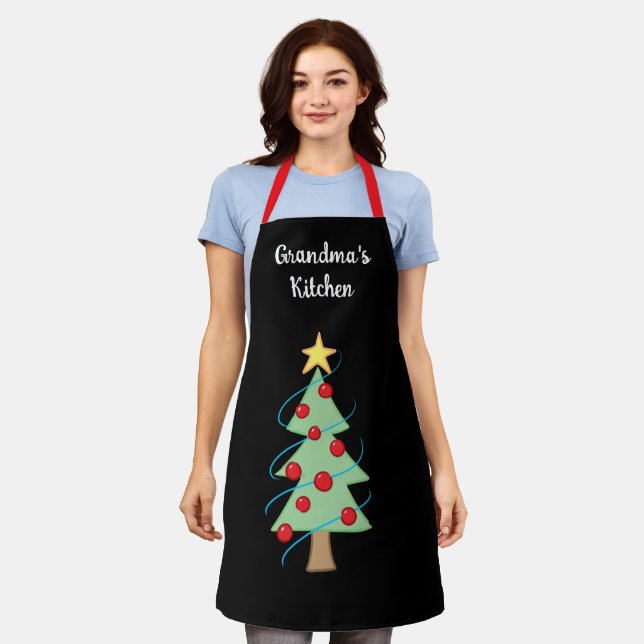 Grandma's Kitchen Christmas Tree Black Apron (Worn)