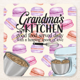 Grandma's Kitchen Good Food Served Daily with a He Square Paper Coaster