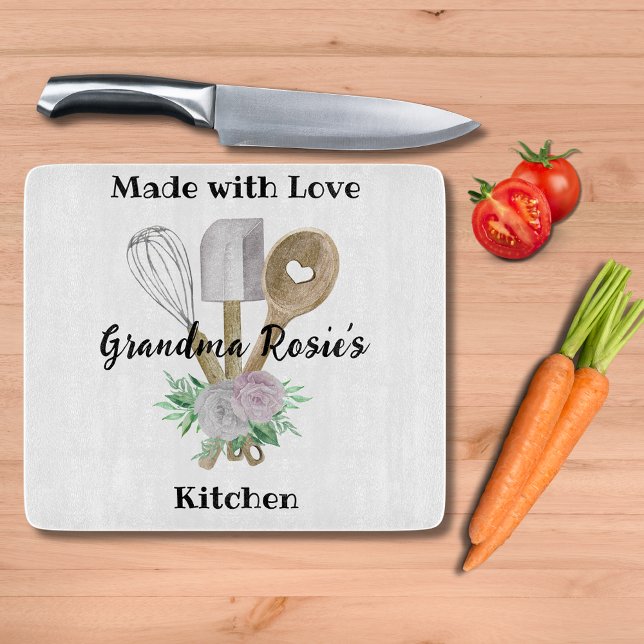 Grandma's Kitchen | Made With Love Personalised Cutting Board (Custom cutting board with watercolor utensils to celebrate your love of Grandma's cooking. )