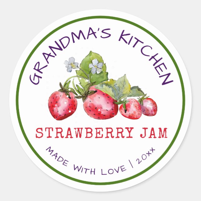 Grandma's Kitchen Made with Love Strawberry  Jam  Classic Round Sticker (Front)