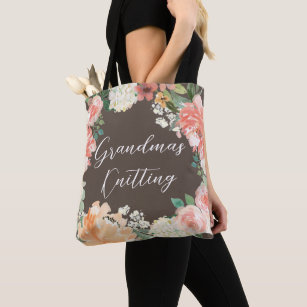Grandma's Knitting Color Peach Watercolor Floral Tote Bag