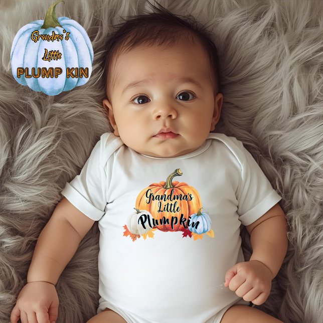 Grandma's Little Plumpkin Funny Typography White Baby Bodysuit (Cute, personalized "Grandma's Little Plumpkin" pastel pumpkin and fall leaves baby bodysuit)