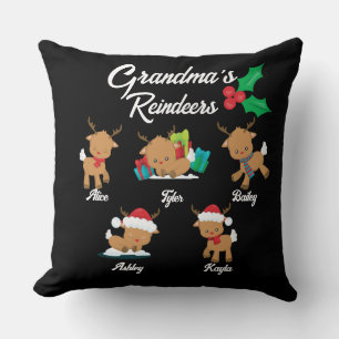 Grandma's Reindeer 5 Custom Grandkids Names Xmas Cushion
