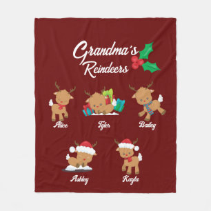 Grandma's Reindeer 5 Custom Grandkids Names Xmas Fleece Blanket