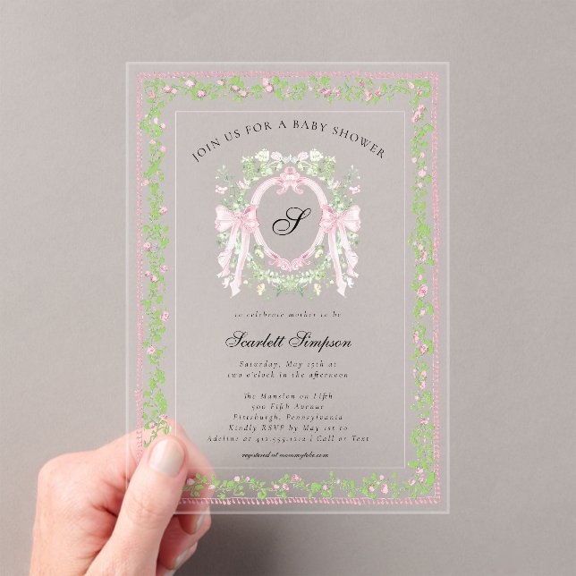 Grandmellinial Botanical Bow Crest  Acrylic Invitations (Insitu (Handheld))