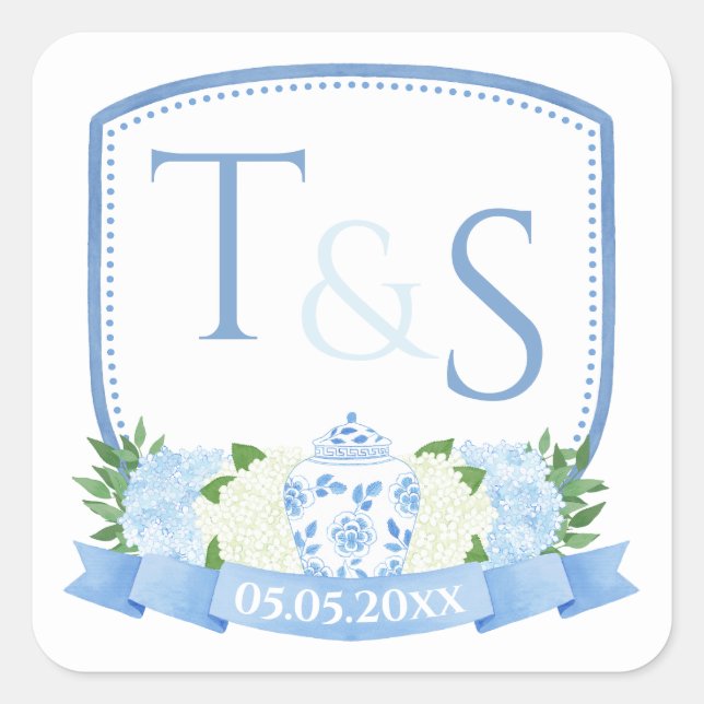 Grandmillenial Blue And White Wedding Crest Square Sticker (Front)