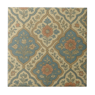 Grandmillenial Blue Orange Moroccan Floral  Ceramic Tile