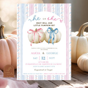 Grandmillenial Bow Preppy Pumpkin Gender Reveal Invitation