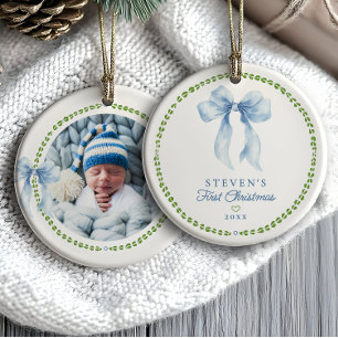 Grandmillenial Bows Baby's First Christmas Photo Ceramic Ornament