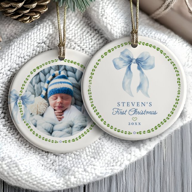 Grandmillenial Bows Baby's First Christmas Photo Ceramic Ornament (Creator Uploaded)