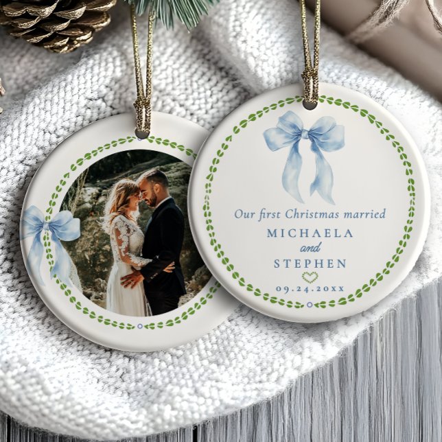 Grandmillenial Bows First Christmas Married Photo Ceramic Ornament (Creator Uploaded)