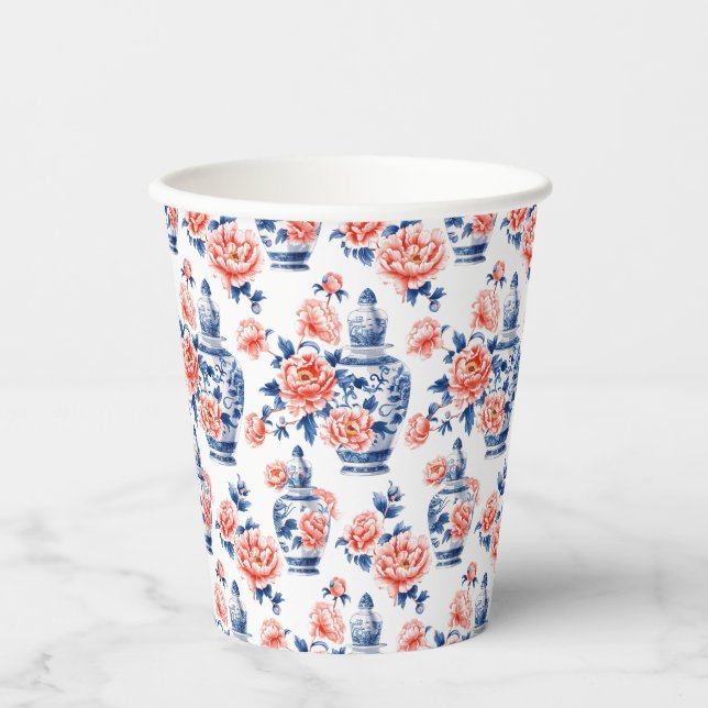 Grandmillenial Chinoiserie Ginger Jar Pink Peonies Paper Cups (Front)
