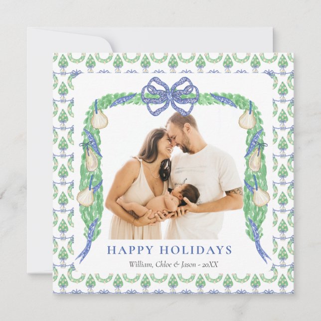 Grandmillenial Coastal Blue Chinoiserie One Photo Holiday Card (Front)