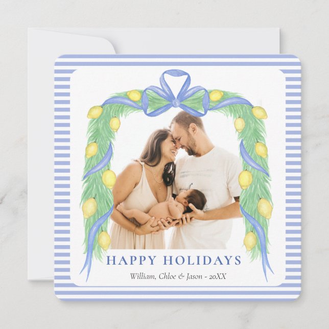 Grandmillenial Lemon Blue Chinoiserie One Photo Holiday Card (Front)