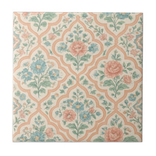 Grandmillenial Moroccan Peach Pink Blue Floral Ceramic Tile